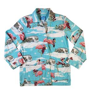 Nick & Nora Pajama Top Women S Pink Flamingo RV Camper Christmas Holiday Blue